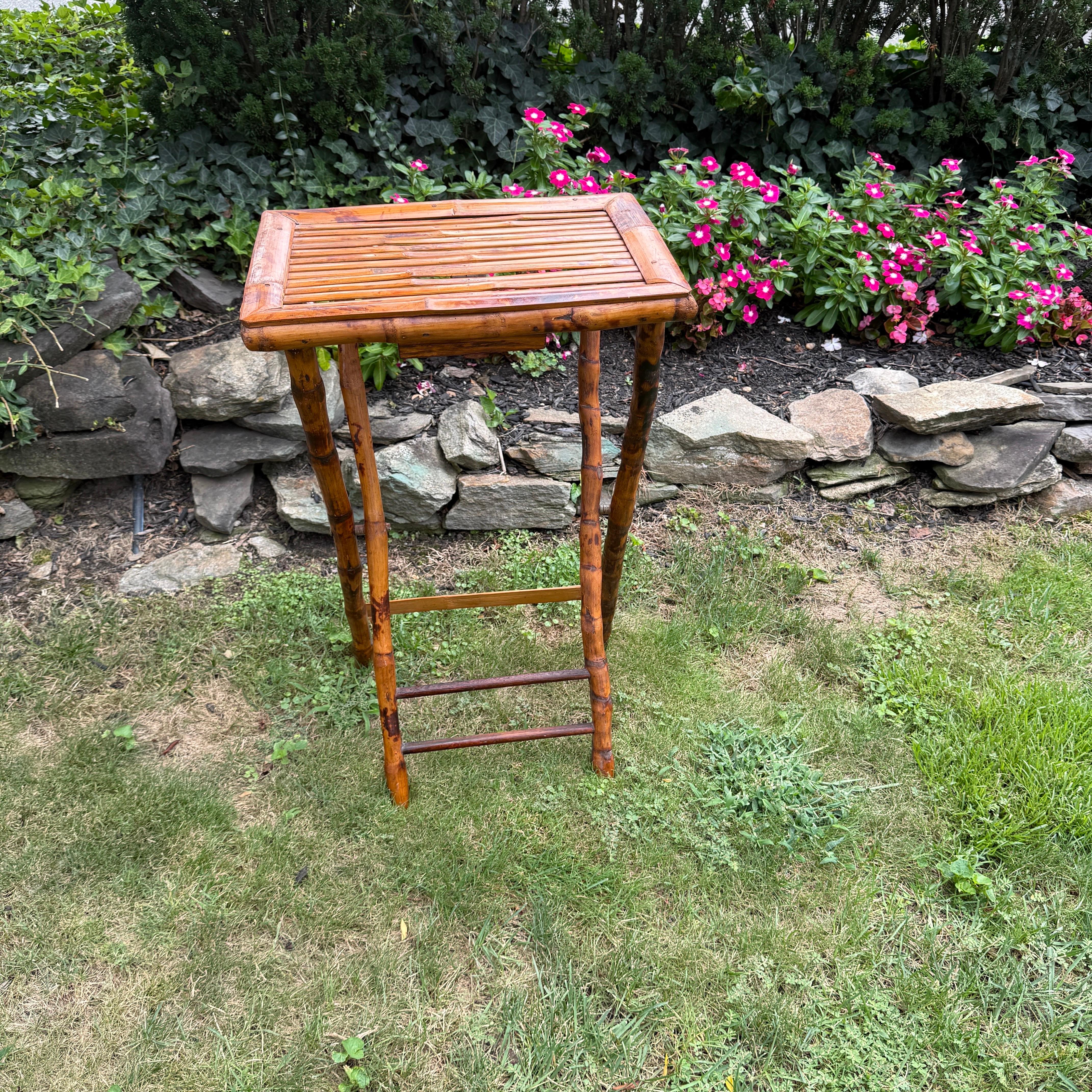 Rectangular Folding Burnt Bamboo Side Butlers Table For Sale 7