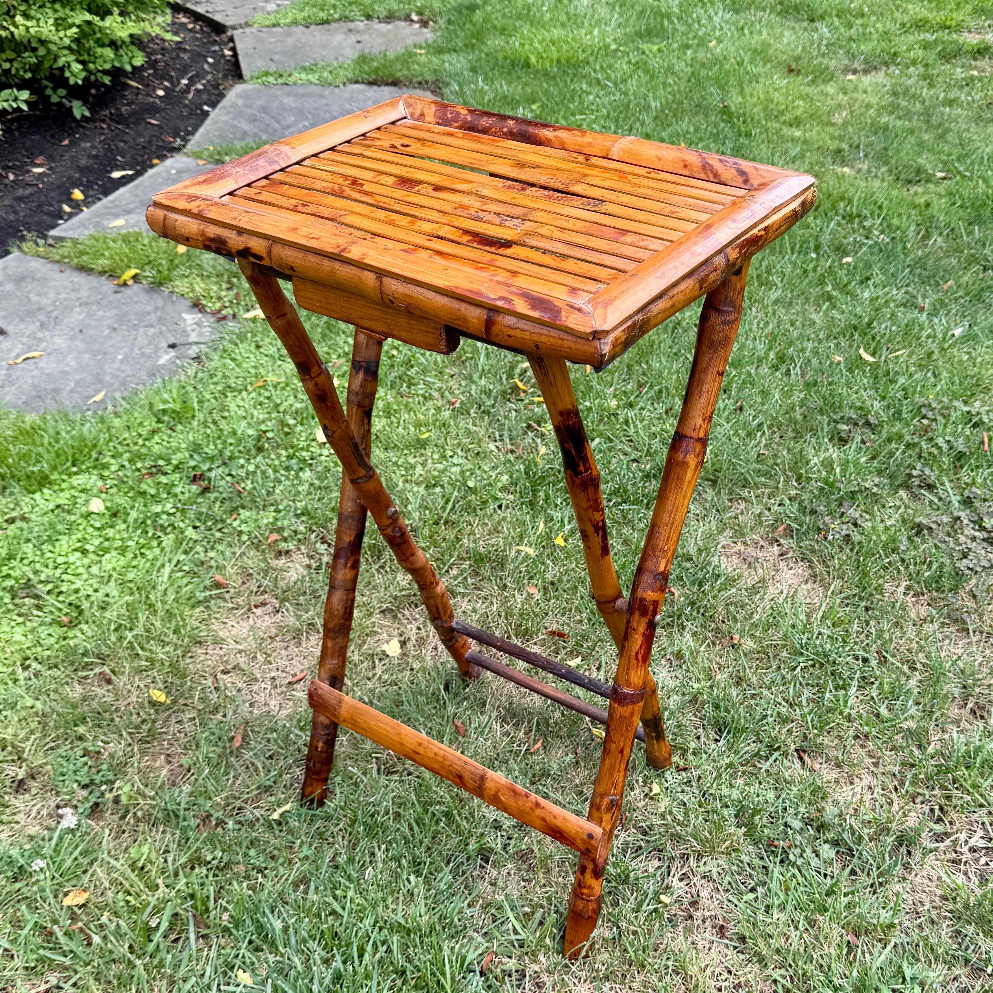 Rectangular Folding Burnt Bamboo Side Butlers Table For Sale 8