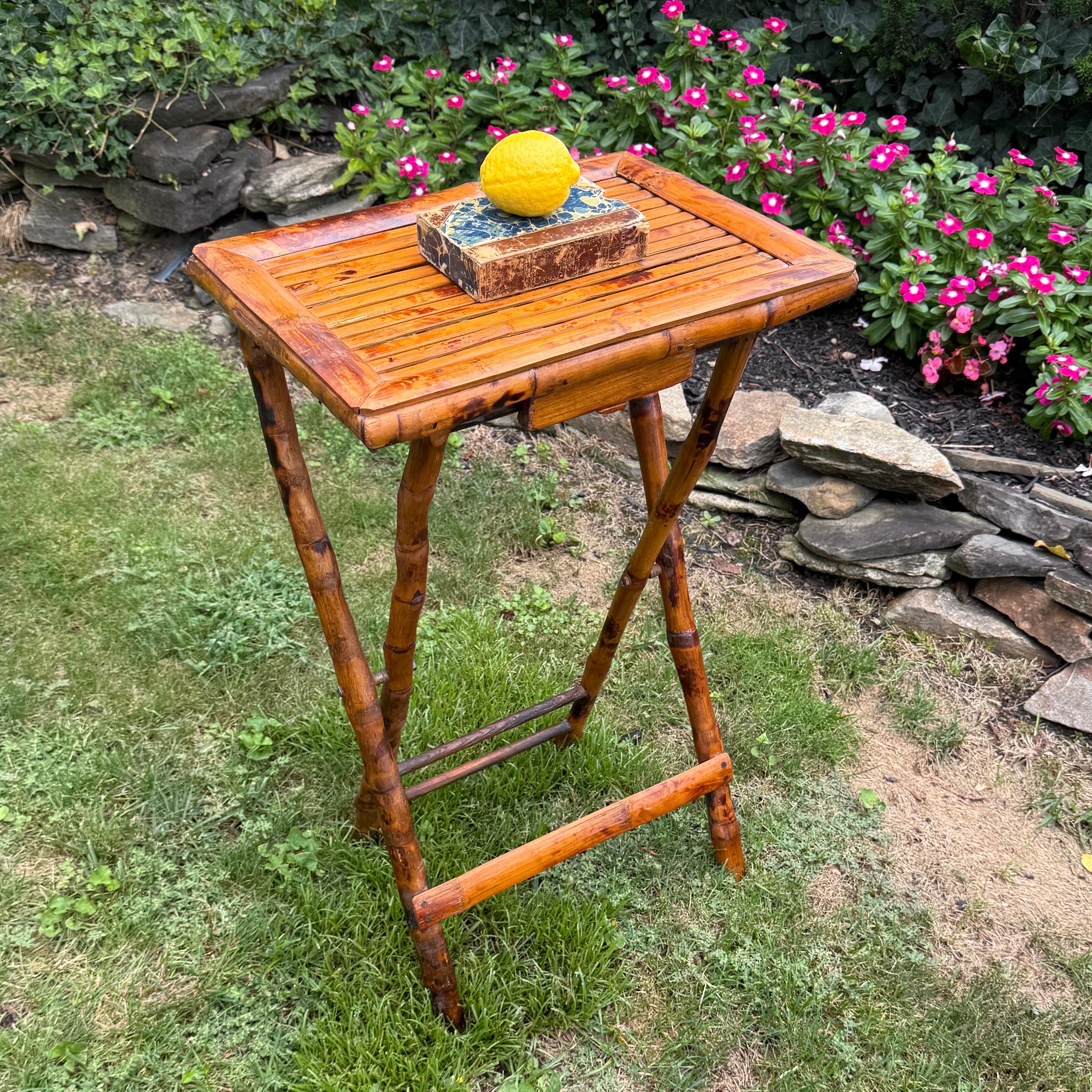 British Colonial Rectangular Folding Burnt Bamboo Side Butlers Table For Sale