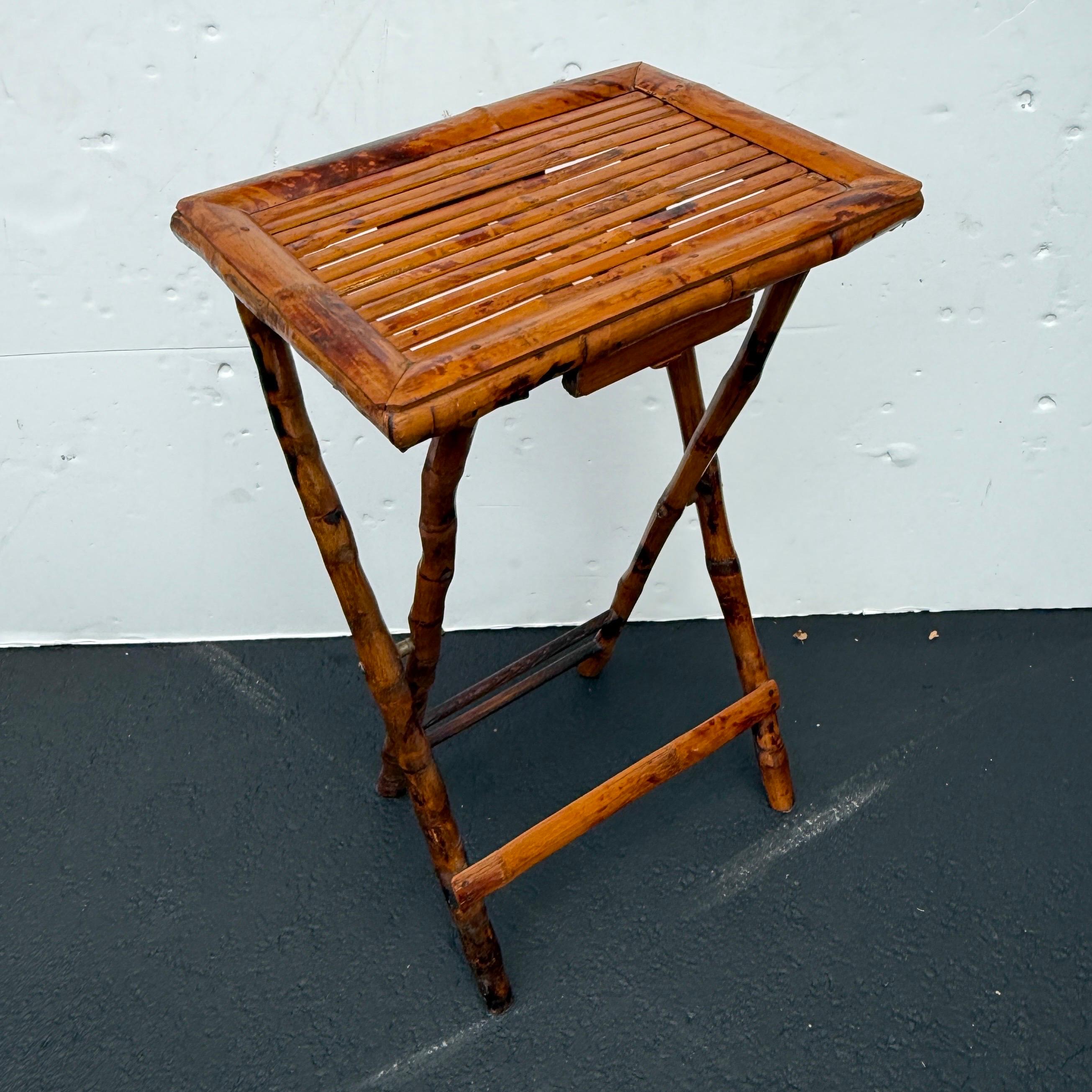 Hand-Crafted Rectangular Folding Burnt Bamboo Side Butlers Table For Sale