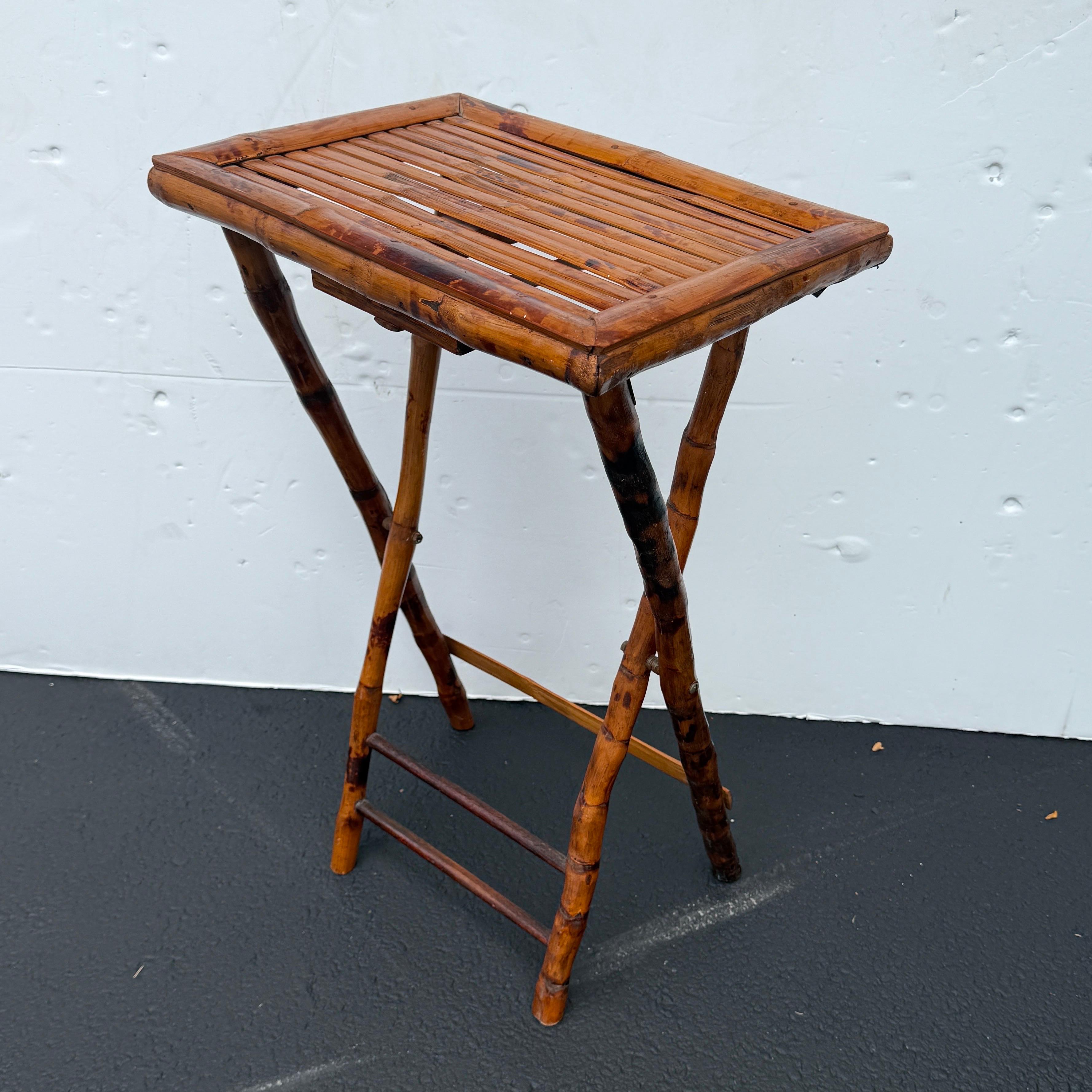 20th Century Rectangular Folding Burnt Bamboo Side Butlers Table For Sale