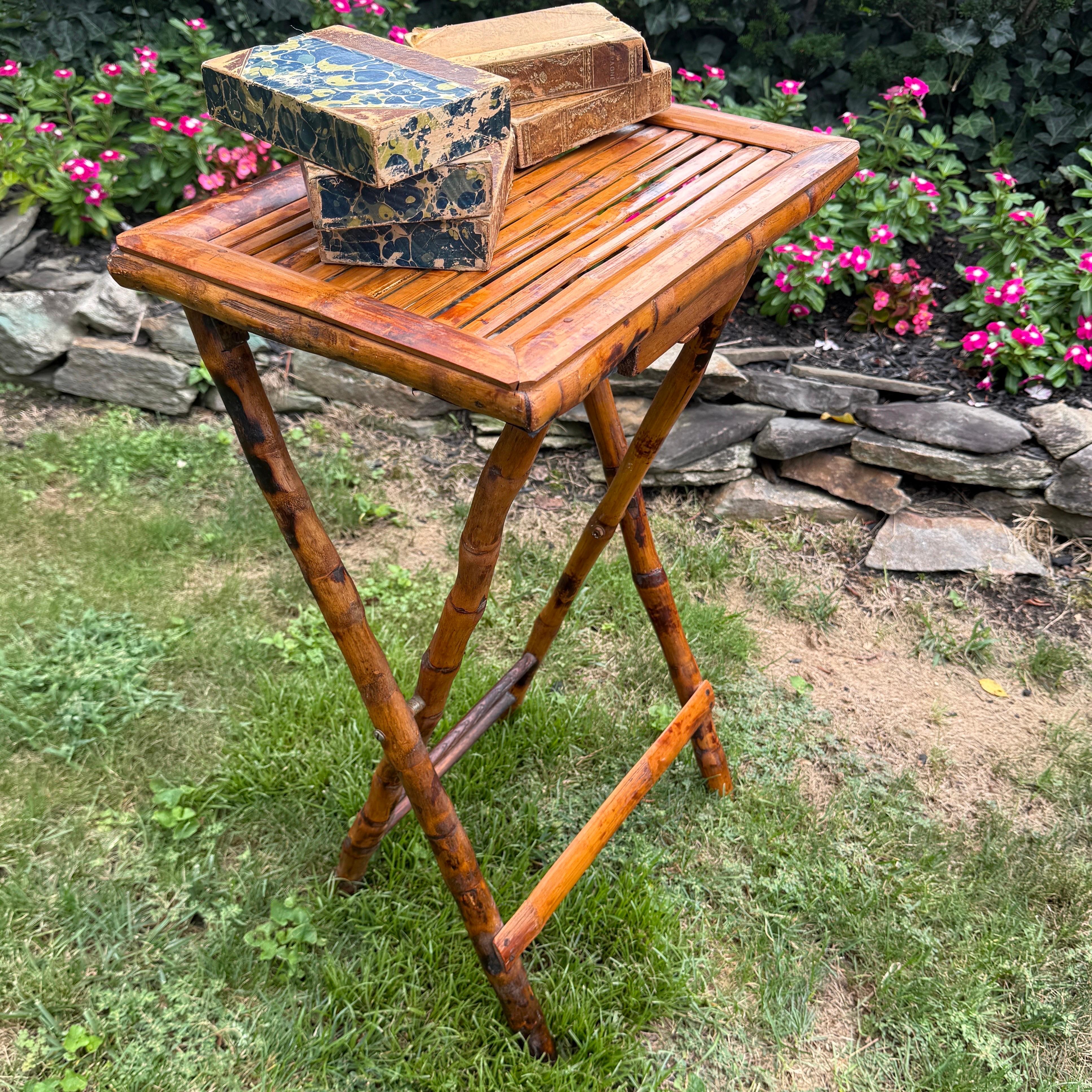 Rectangular Folding Burnt Bamboo Side Butlers Table For Sale 1