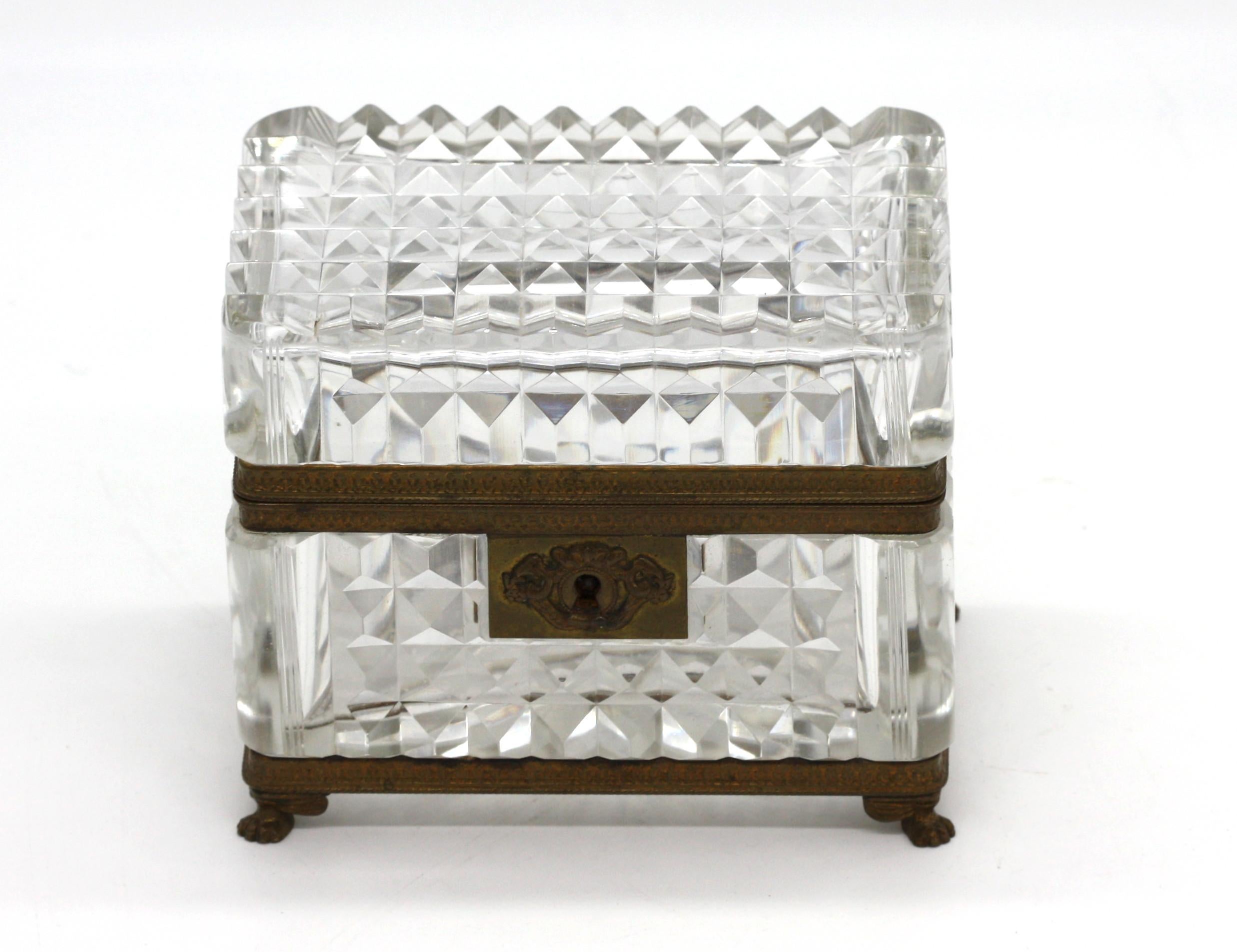 
Rectangular French mounted cut crystal box.
Hinged lid.
Gilt-bronze mounts and escutcheon