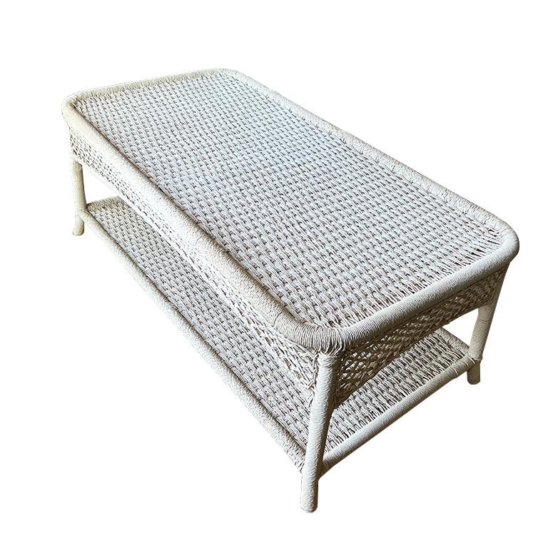Mid-Century Modern Rectangular French White Rope Wicker Patio Coffee or Cocktail Table - 1940s For Sale