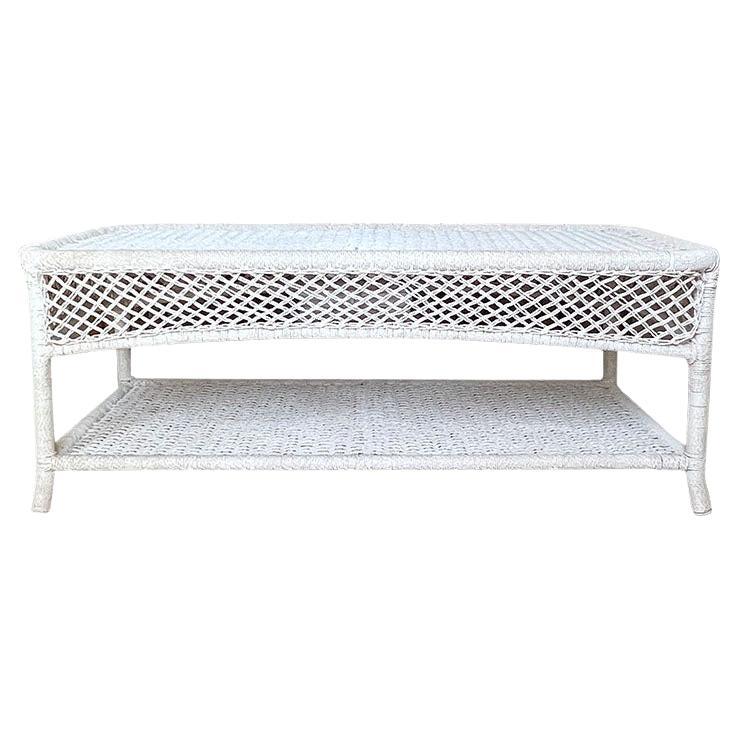 Rectangular French White Rope Wicker Patio Coffee or Cocktail Table - 1940s For Sale