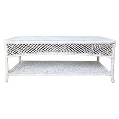 Rectangular French White Rope Wicker Patio Coffee or Cocktail Table - 1940s