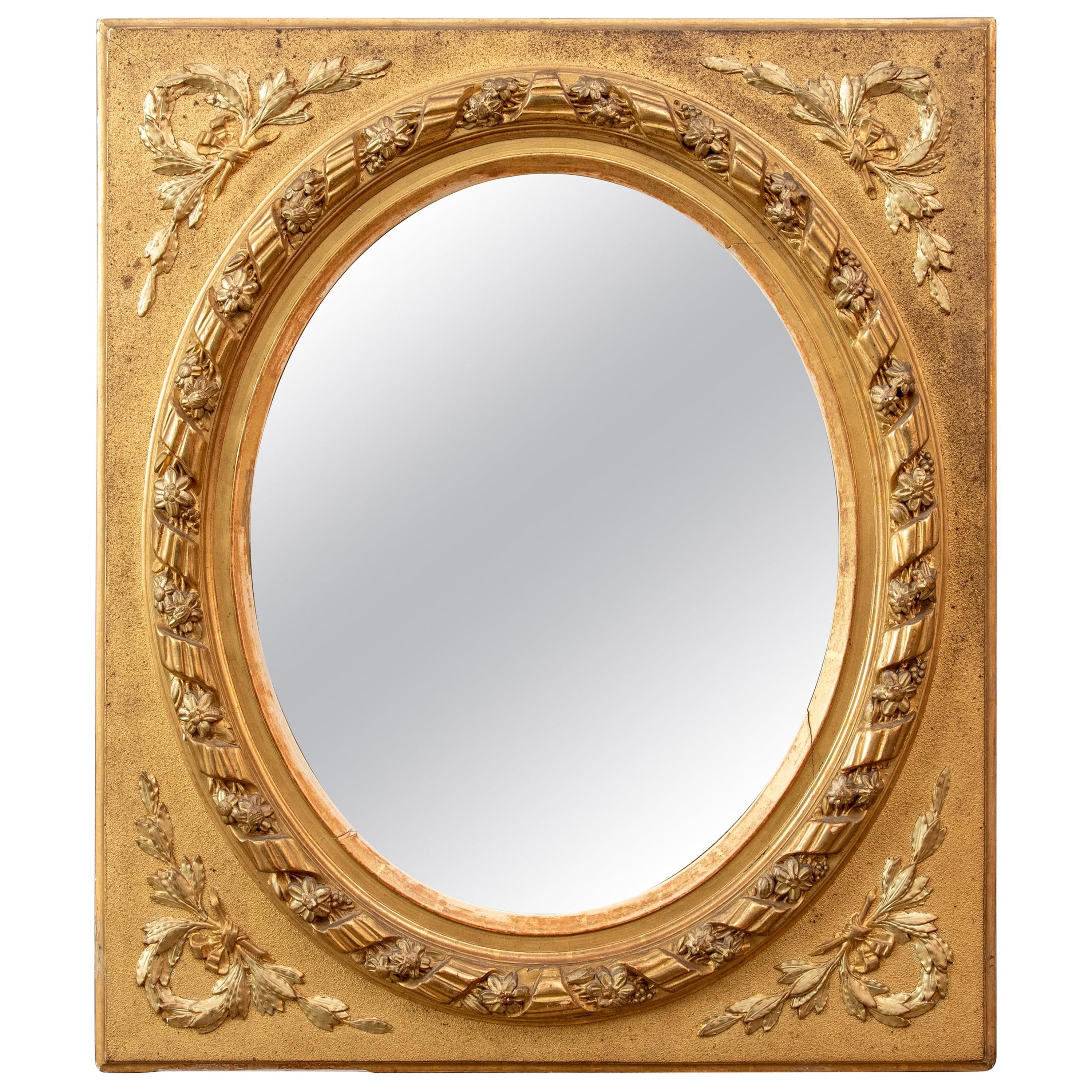 19th Century Rectangular Giltwood French Frame with Oval Mirror