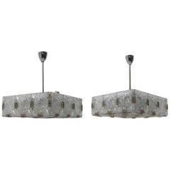 Lámpara colgante rectangular de cristal y cromada de Kamenický Šenov, años 70