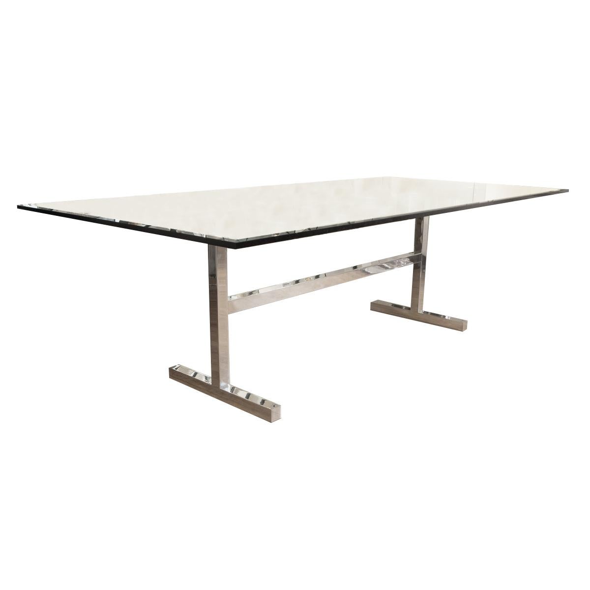 Rectangular glass and nickel base dining table For Sale