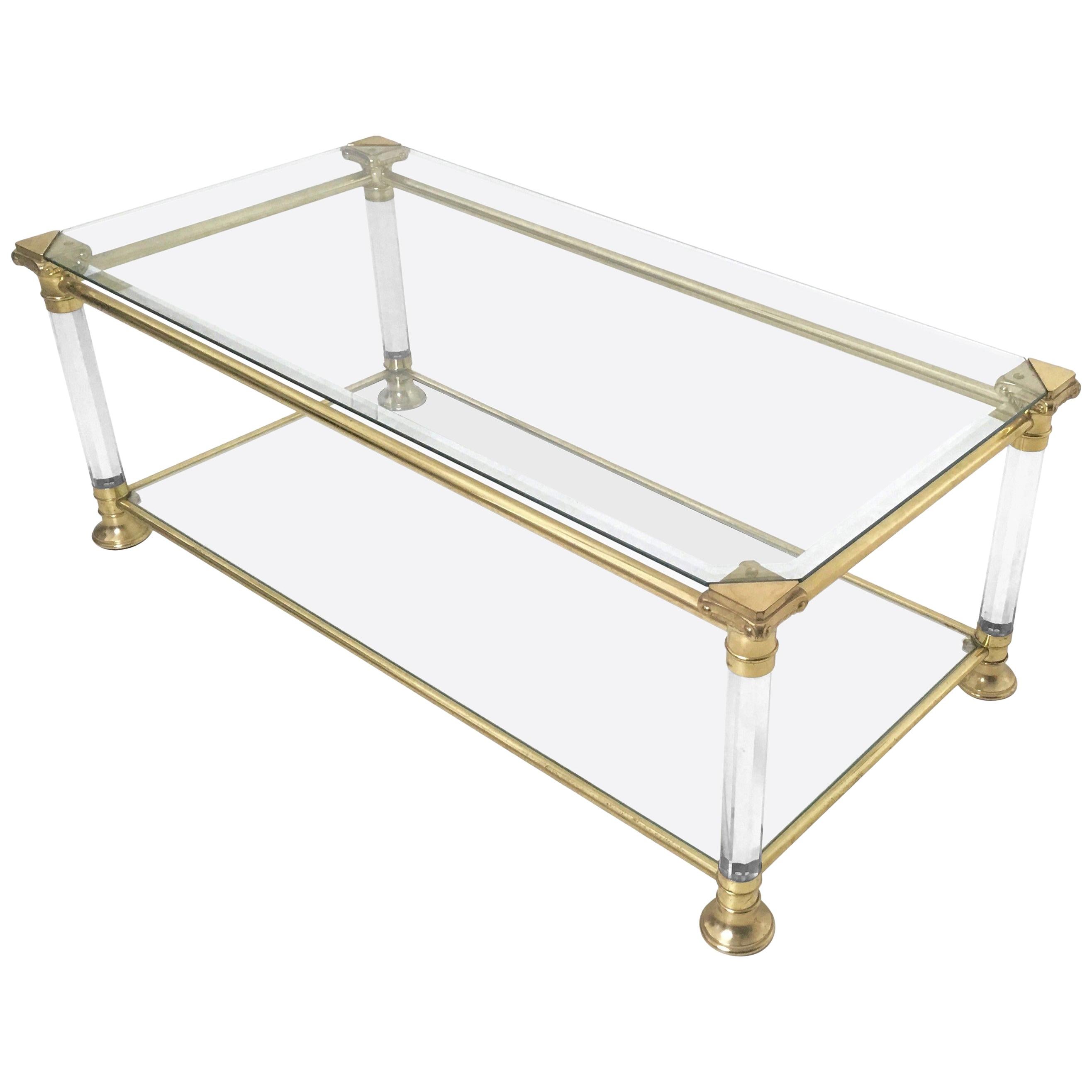 Rectangular Glass Coffee Table with Brass and Plexiglass Frame, Italy 1980s