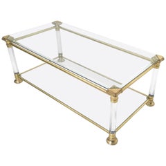 Vintage Postmodern Rectangular Glass Coffee Table with Brass and Plexiglass Frame, Italy