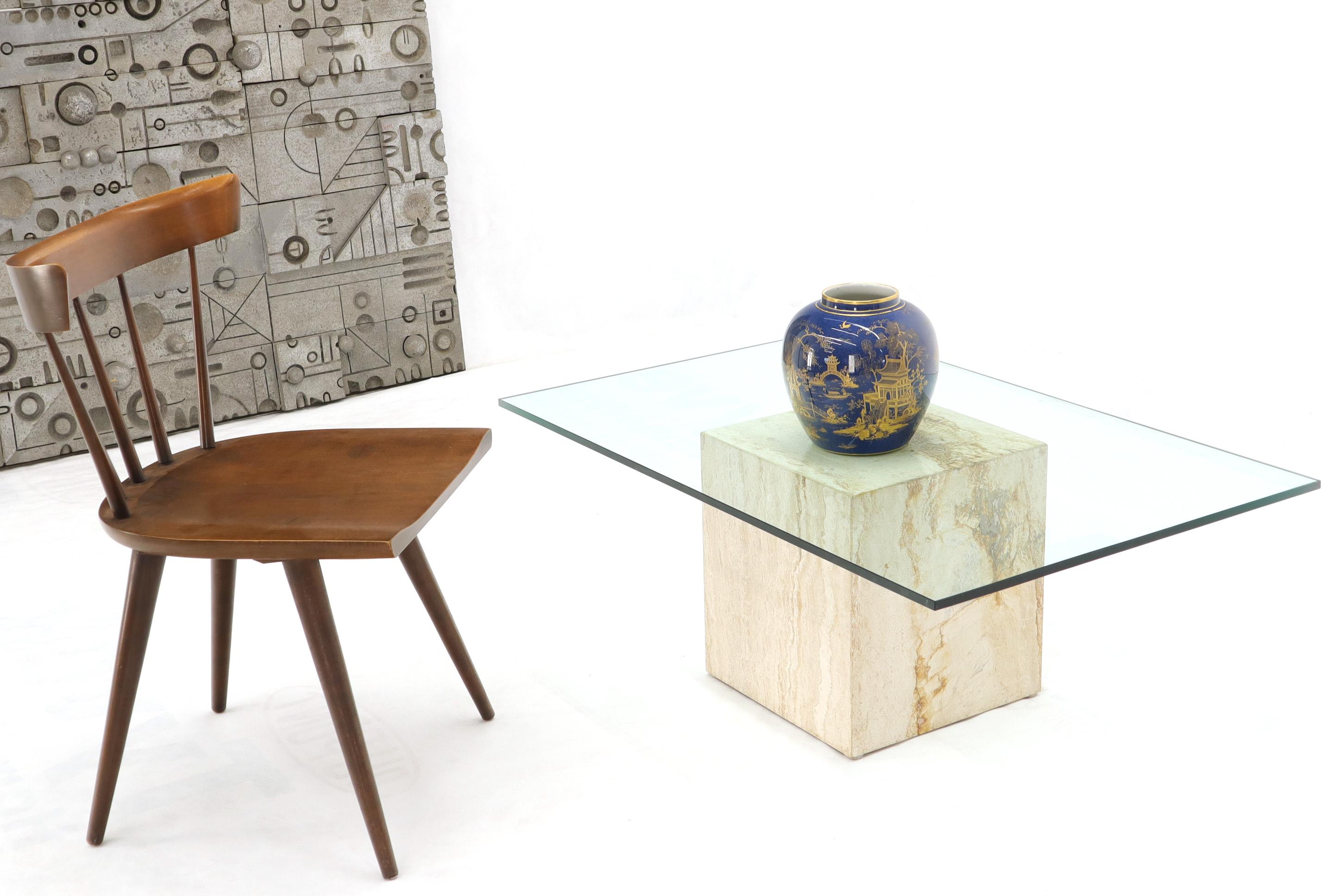 Mid-Century Modern travertine base glass top medium size coffee table. Harvey Probber decor influence.