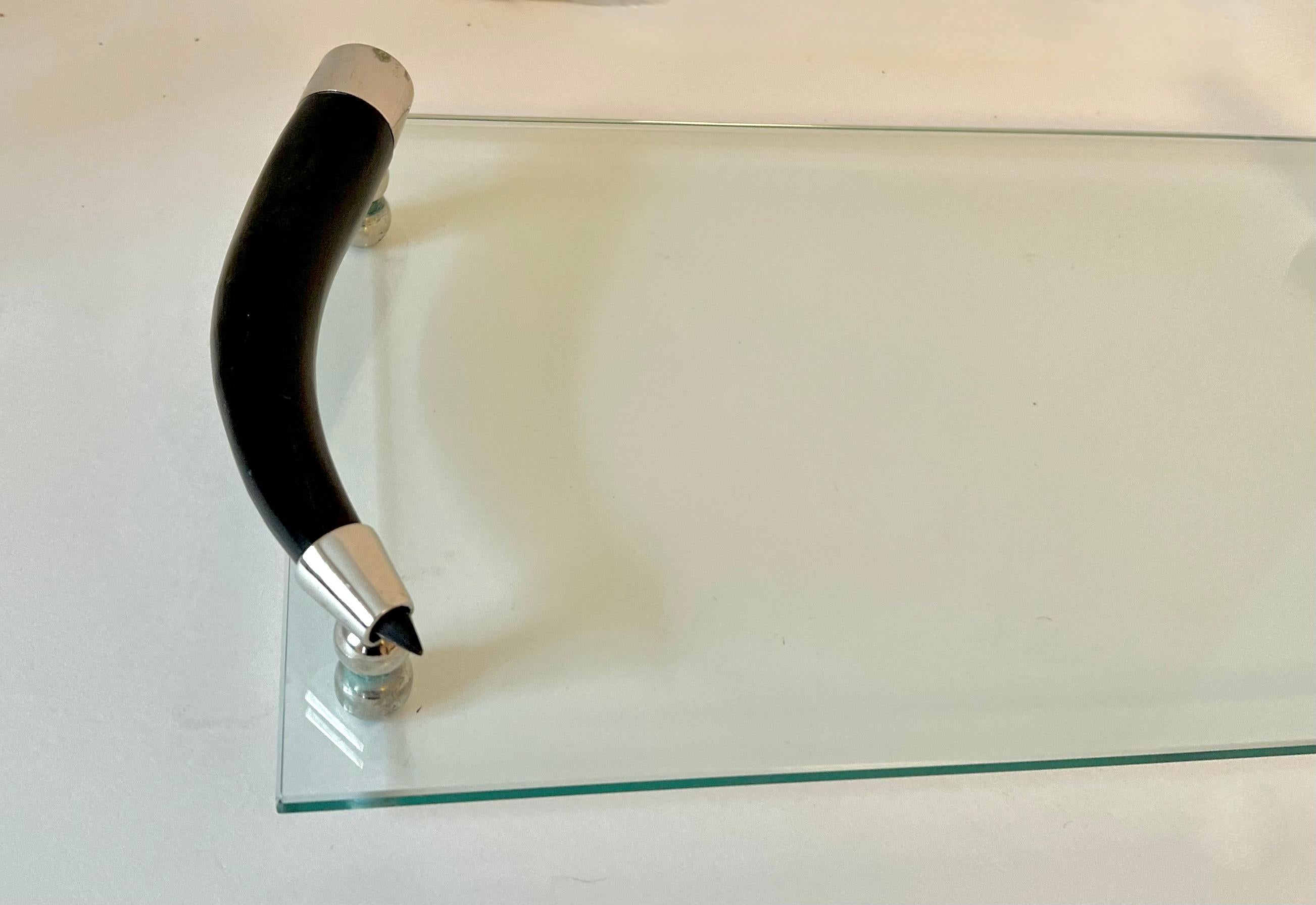 Hand-Crafted Rectangular Glass Tray with Bone Handles with Silver Plate Fittings and Feet For Sale