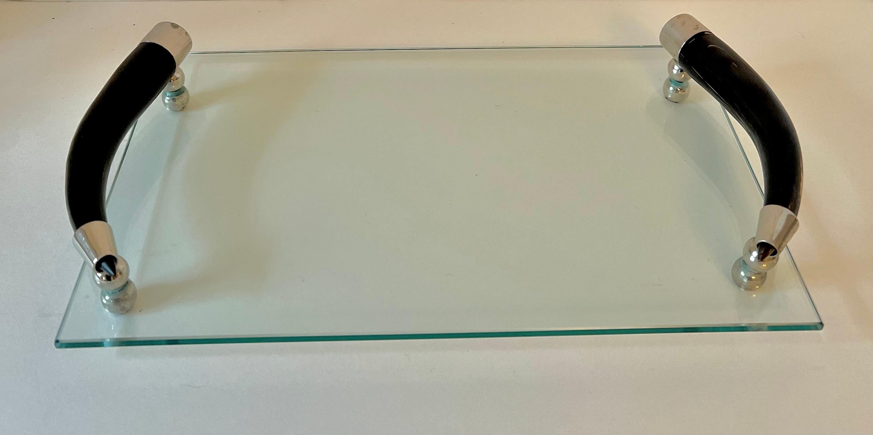 Rectangular Glass Tray with Bone Handles with Silver Plate Fittings and Feet In Good Condition For Sale In Los Angeles, CA