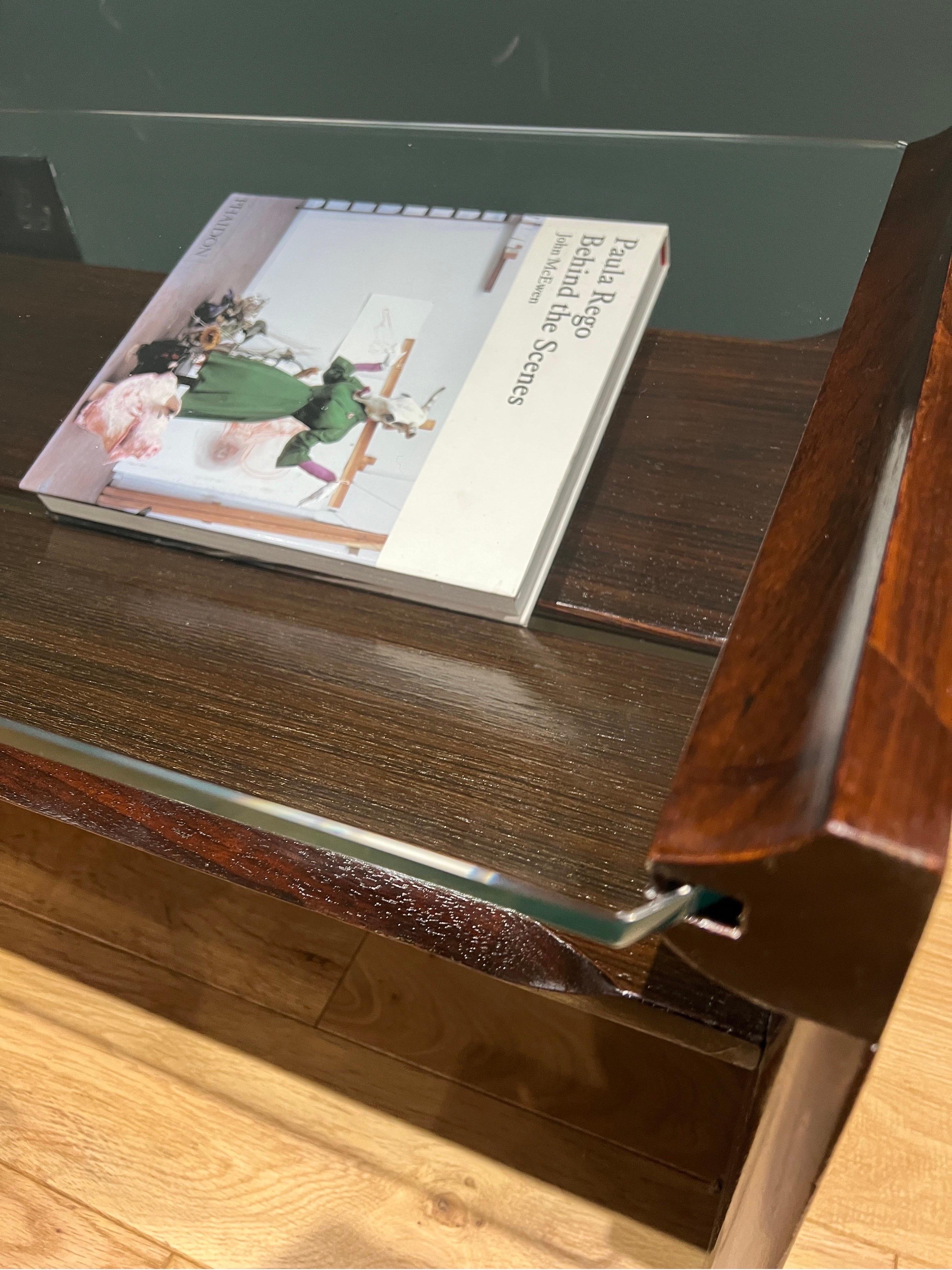 Veneer Rectangular Glass & Wood Coffee Table with Magazine Rack For Sale