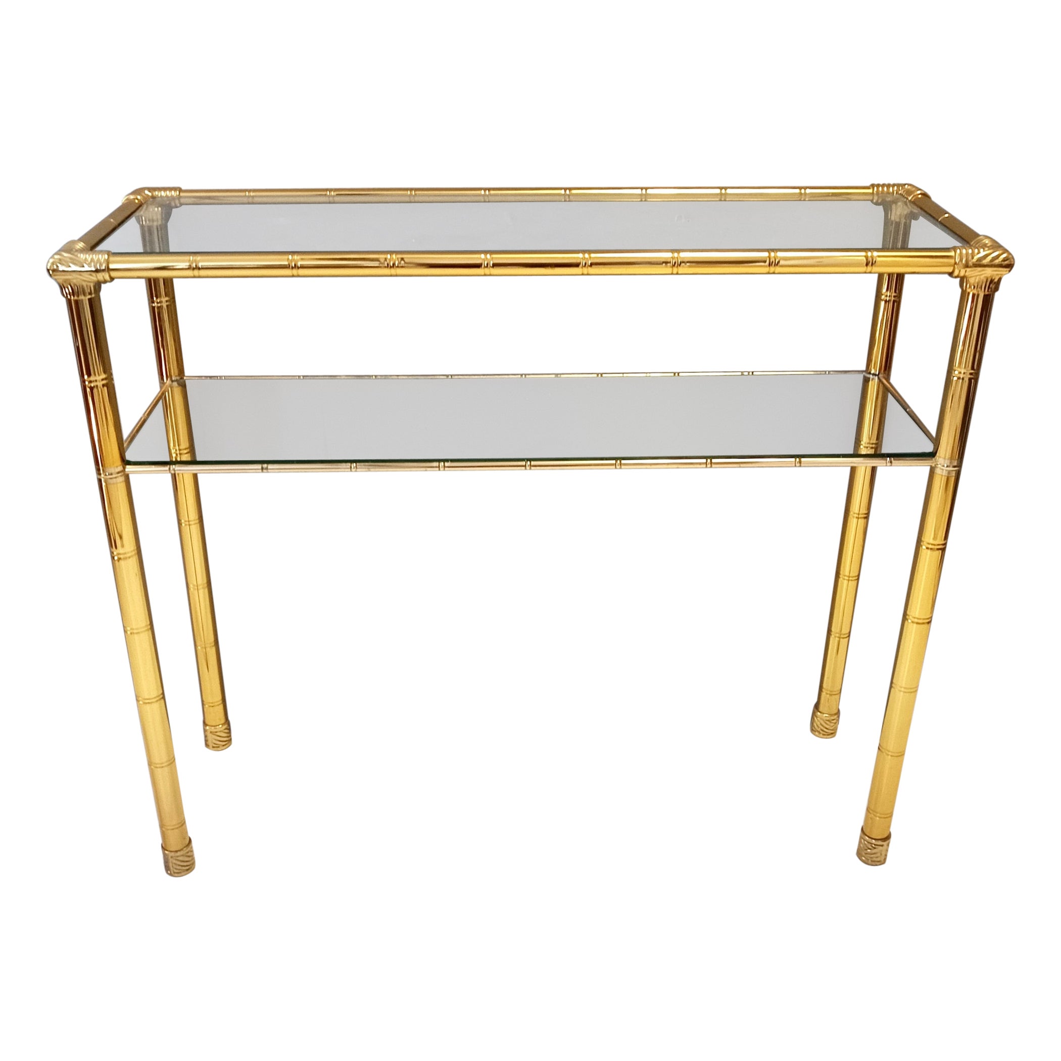 Rectangular Gold Aluminum Console Table with Two Glass Shelves, Italy