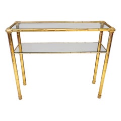Rectangular Gold Aluminum Console Table with Two Glass Shelves, Italy