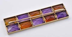 Rectangular Gold, Amethyst and Citrine Brooch