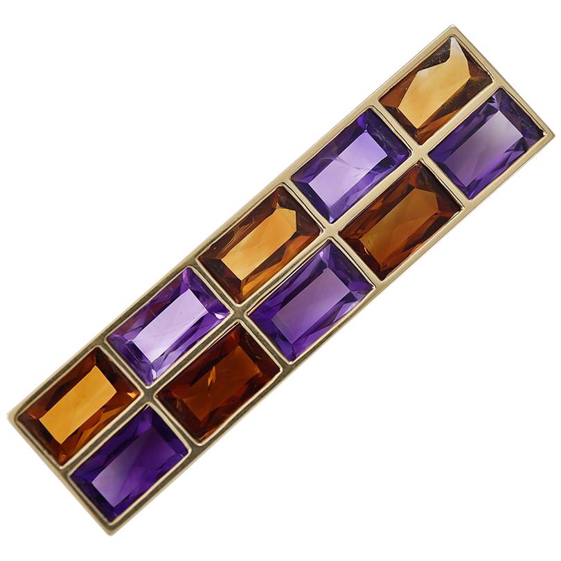 Rectangular Gold, Amethyst and Citrine Brooch For Sale