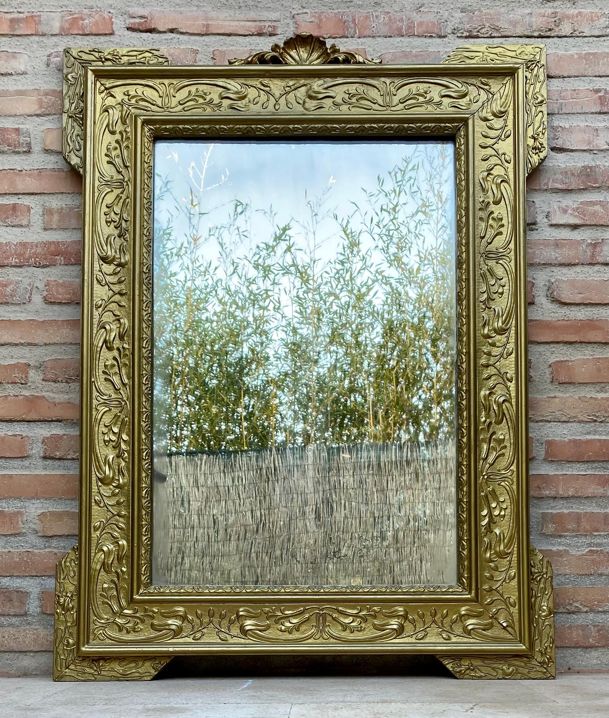 Baroque Rectangular Gold Hand Carved Wooden Mirror, 1960 For Sale