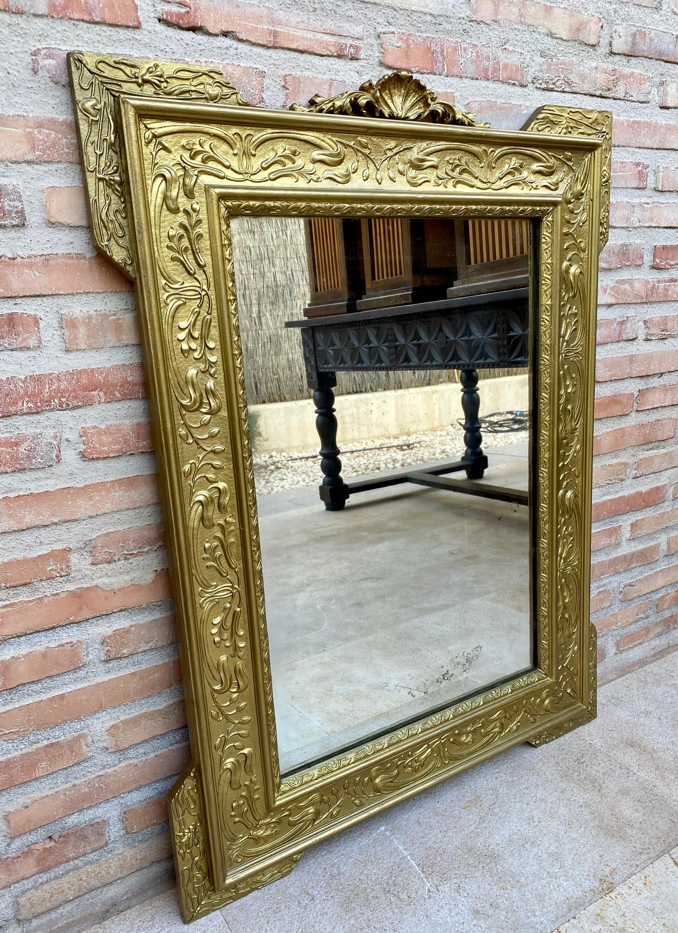 Spanish Rectangular Gold Hand Carved Wooden Mirror, 1960 For Sale