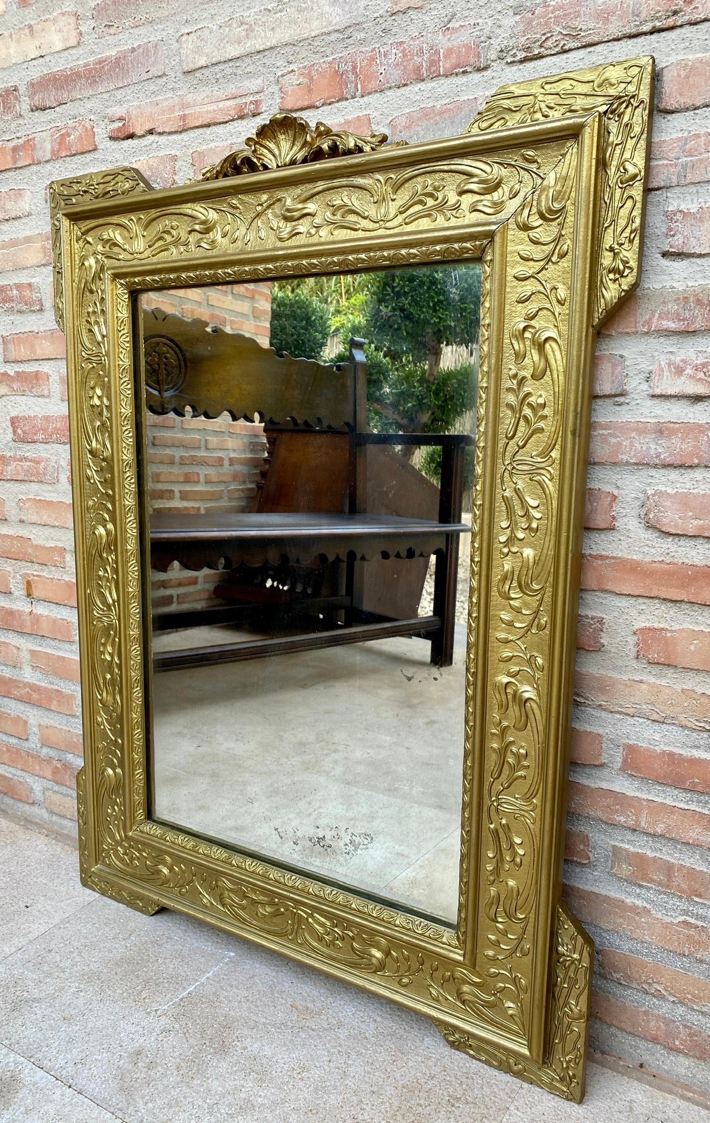 Rectangular Gold Hand Carved Wooden Mirror, 1960 For Sale 1