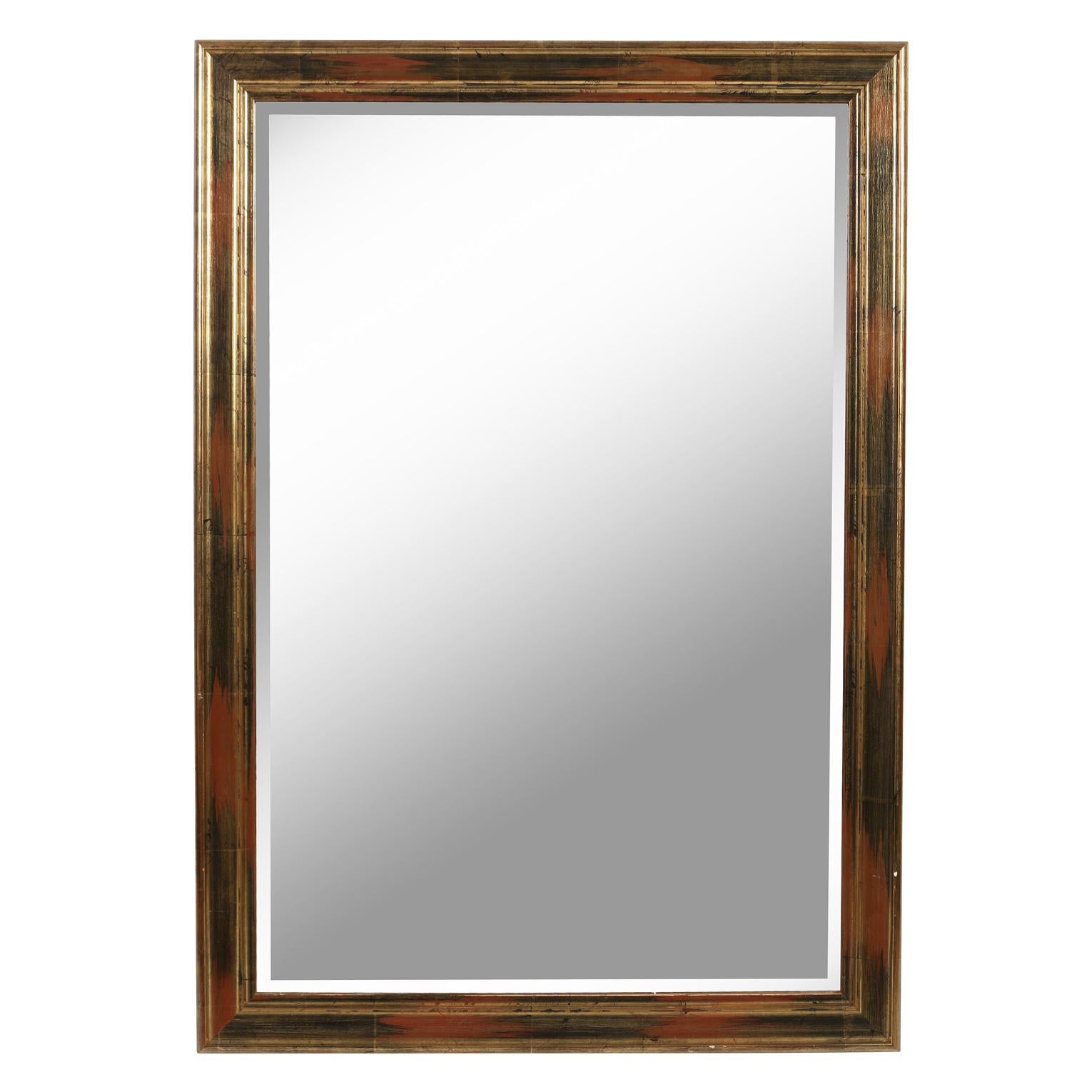 Rectangular Gold Leaf Beveled Mirror With Black and Red Undertones In Good Condition For Sale In Locust Valley, NY