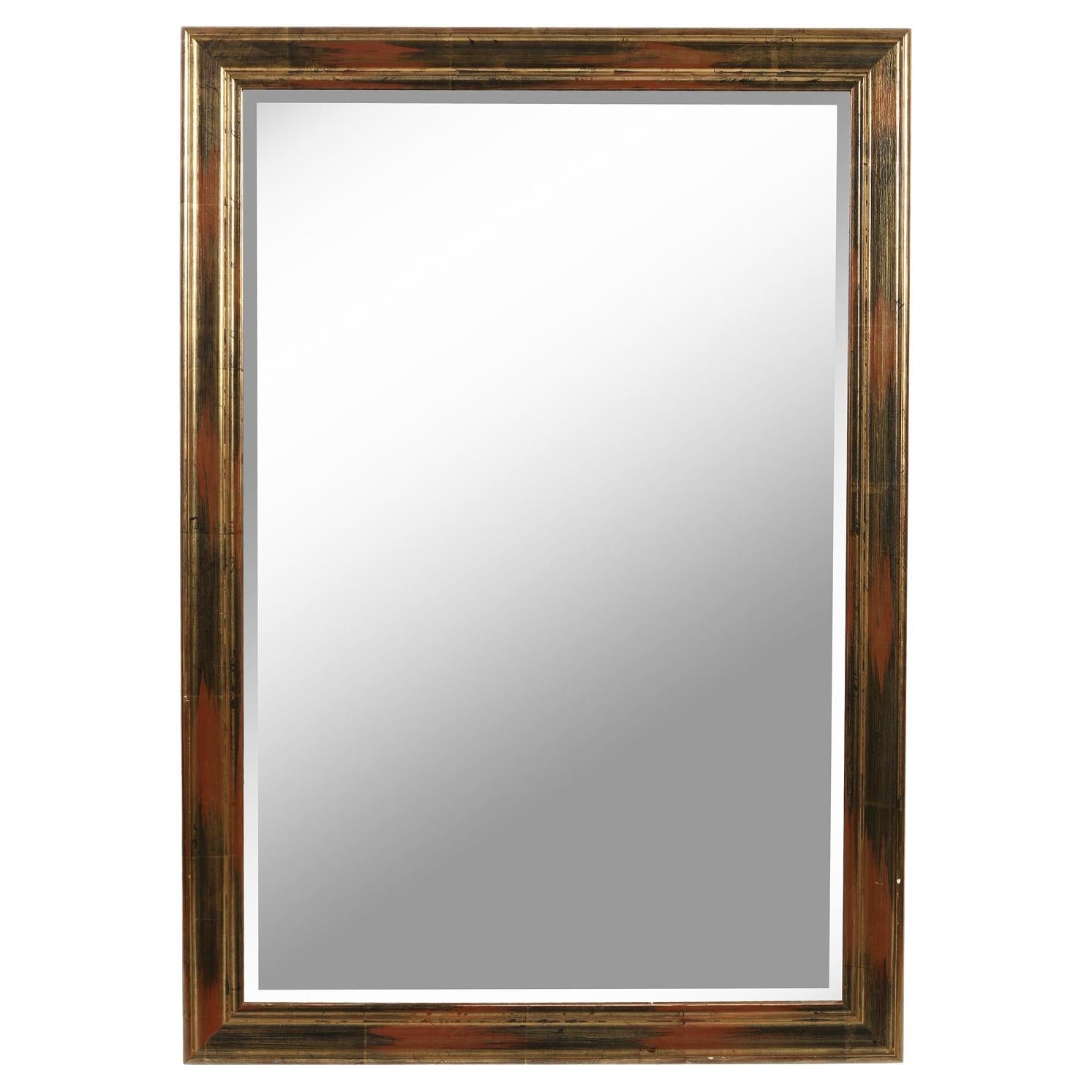 Rectangular Gold Leaf Beveled Mirror With Black and Red Undertones For Sale