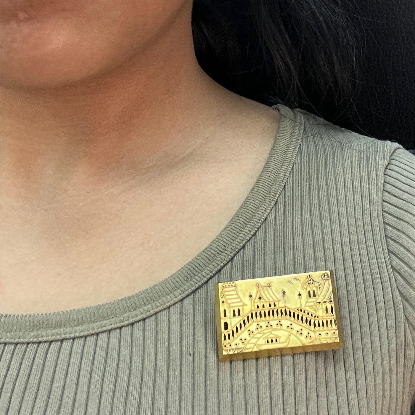 Rectangular Gold Scenic Brooch For Sale 2