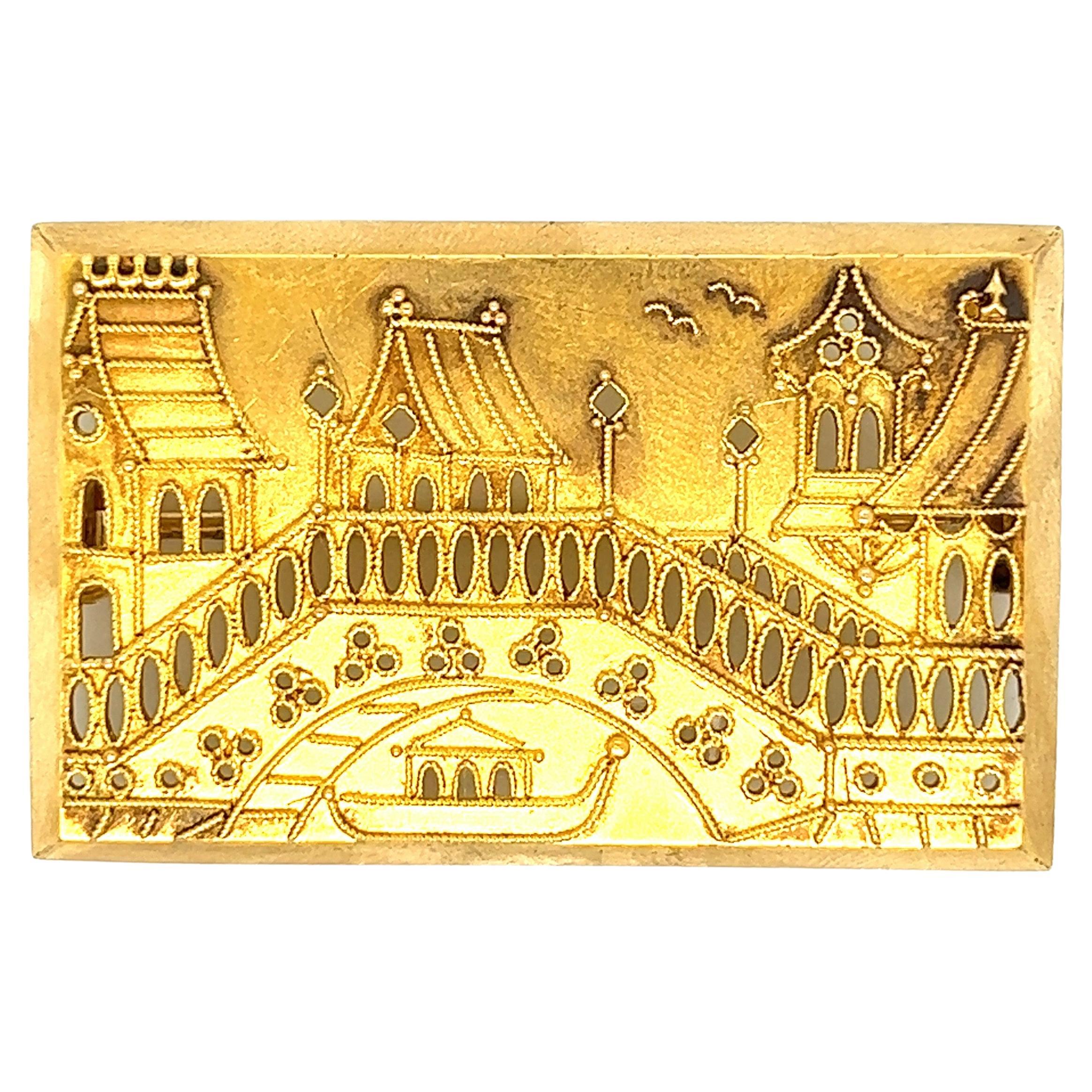 Rectangular Gold Scenic Brooch For Sale