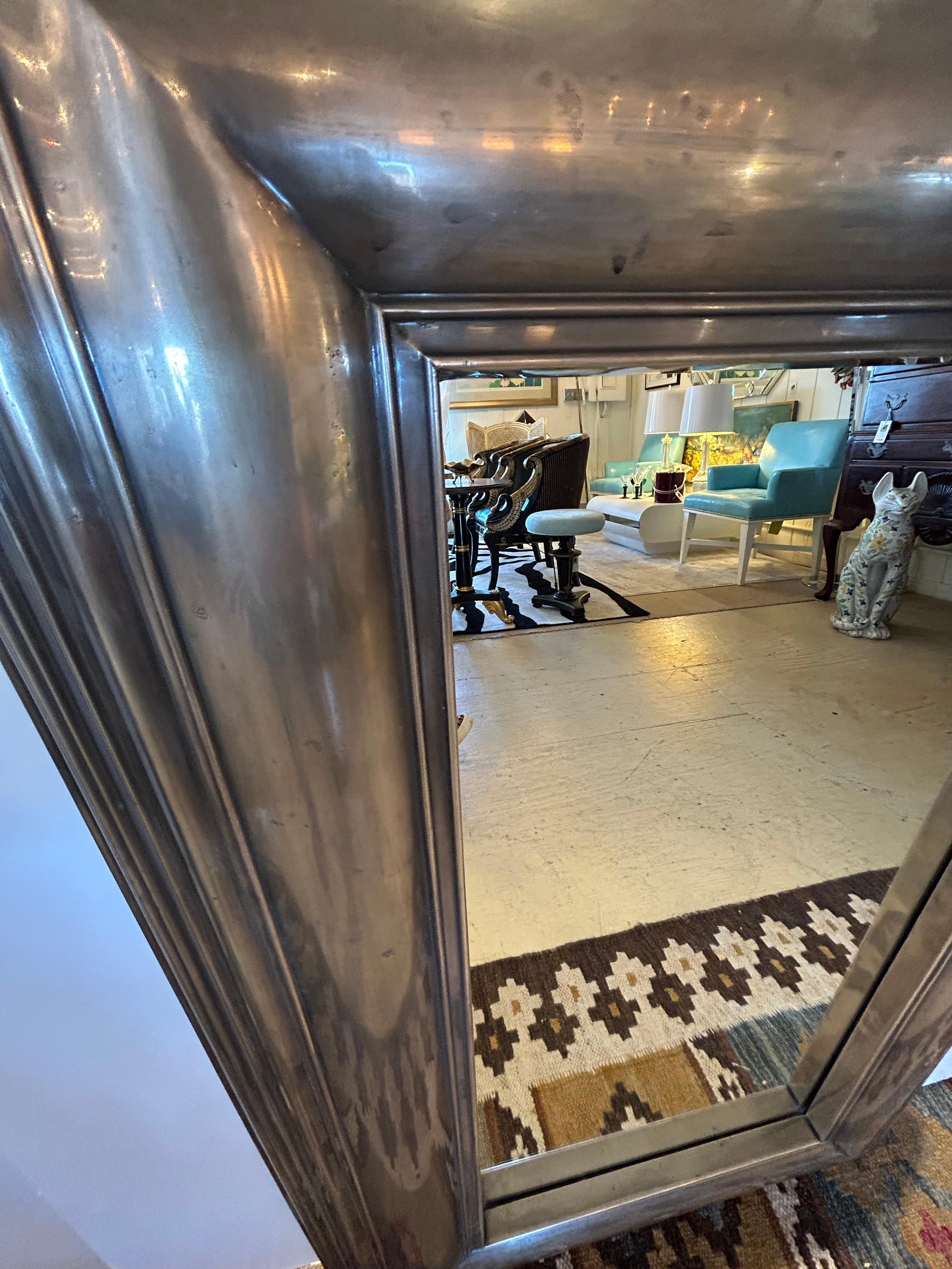 American Rectangular Graduated Antiqued Metal Mirror with Pewter Silverplate Finish For Sale