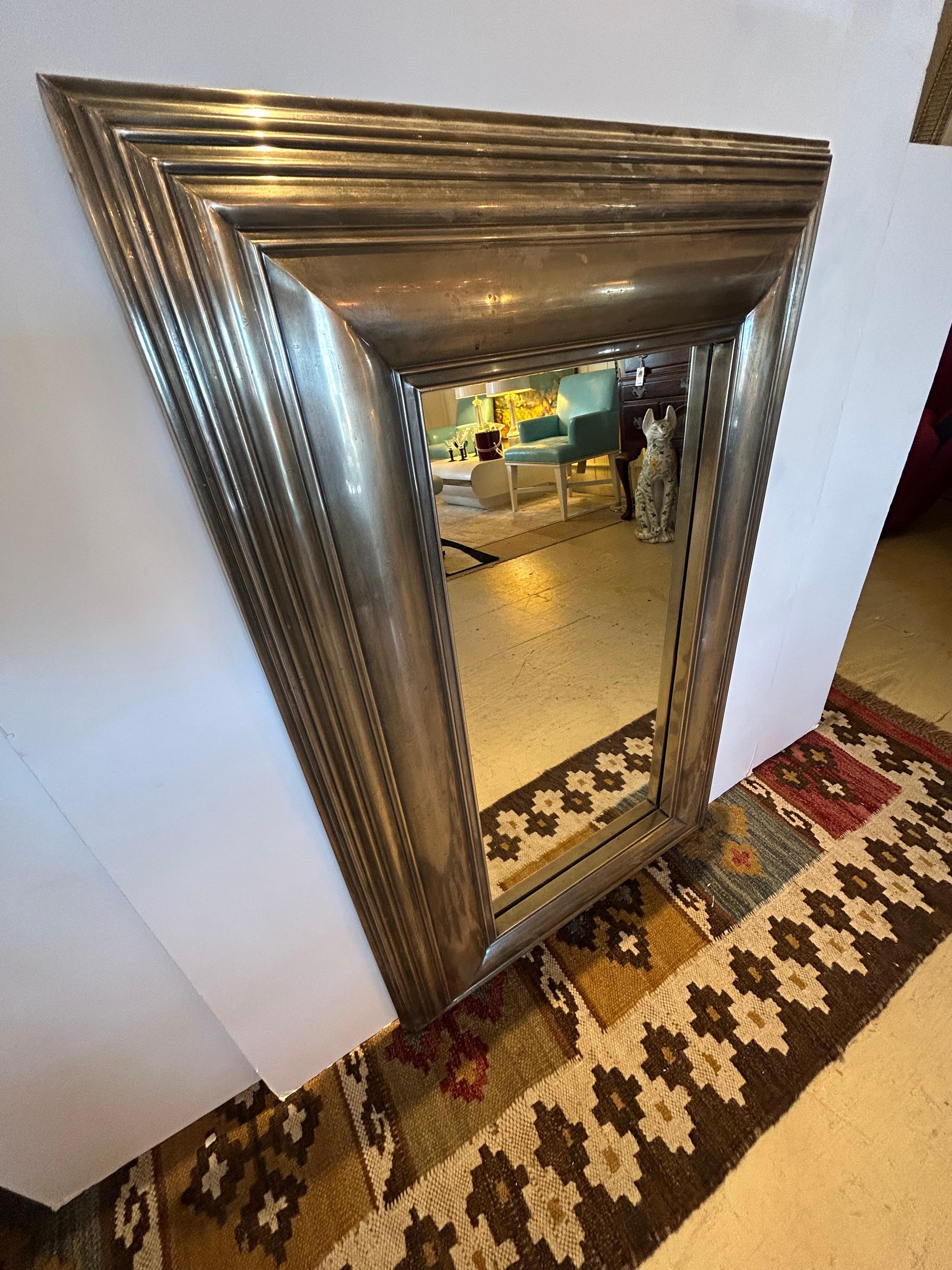 Rectangular Graduated Antiqued Metal Mirror with Pewter Silverplate Finish In Good Condition For Sale In Hopewell, NJ