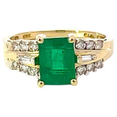 Rectangular Green Emerald and Diamond Band Ring in 14k Yellow Gold