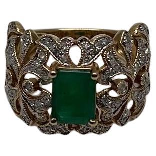 Rectangular Green Emerald Diamond Scroll 14K Yellow Gold Statement Band Ring
