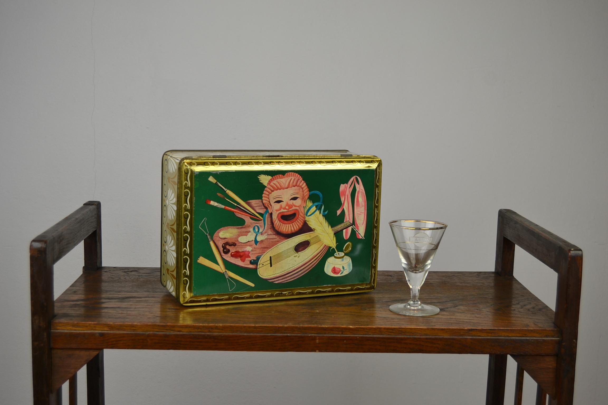 Rectangular Green Storage Tin with Mask, Ballet Shoes, Inkwell, Painting Pallet 13