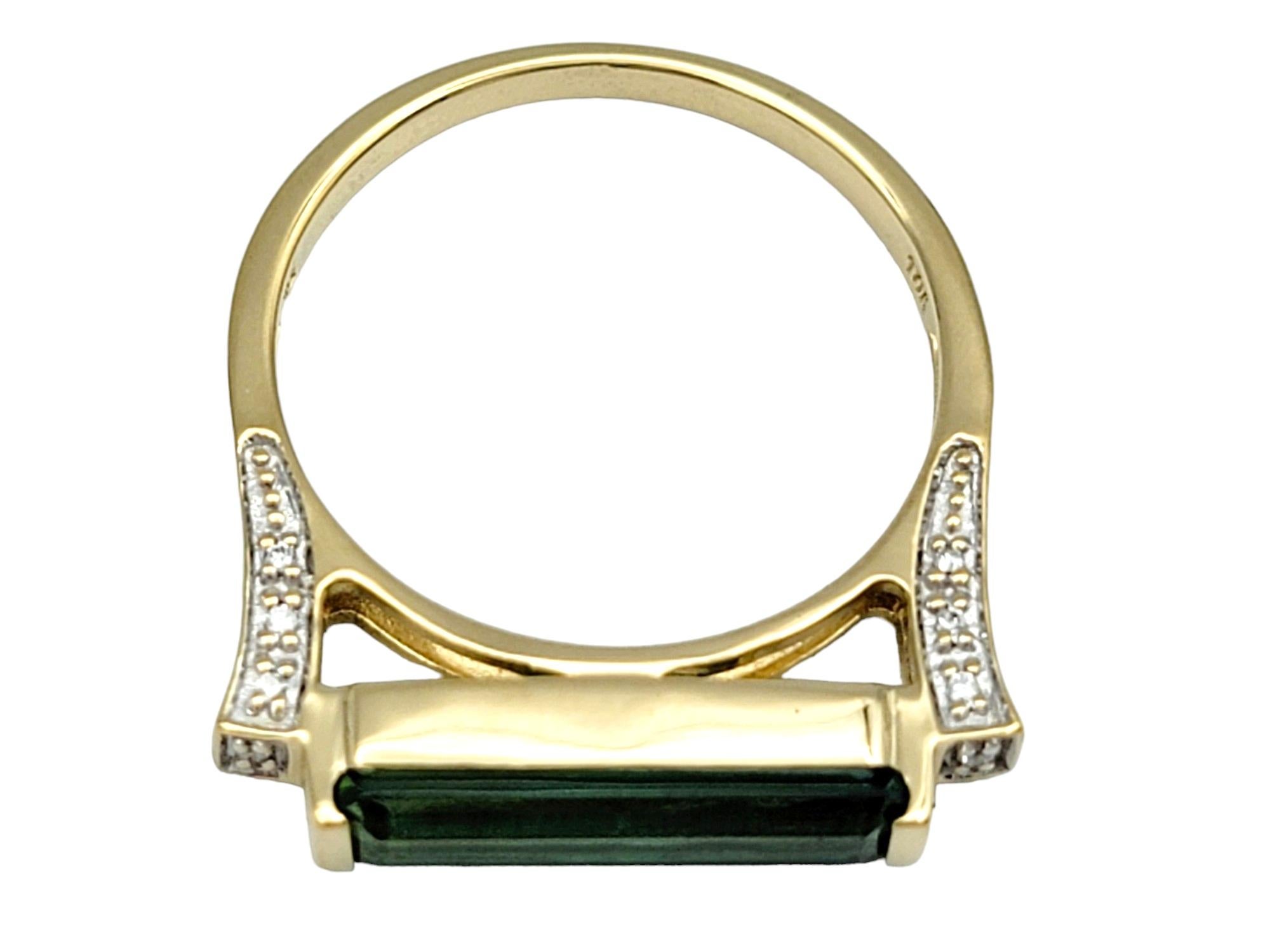Baguette Cut Rectangular Green Tourmaline and Diamond Band Ring Set in 18 Karat Yellow Gold For Sale