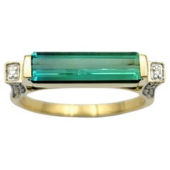 Rectangular Green Tourmaline and Diamond Band Ring Set in 18 Karat Yellow Gold