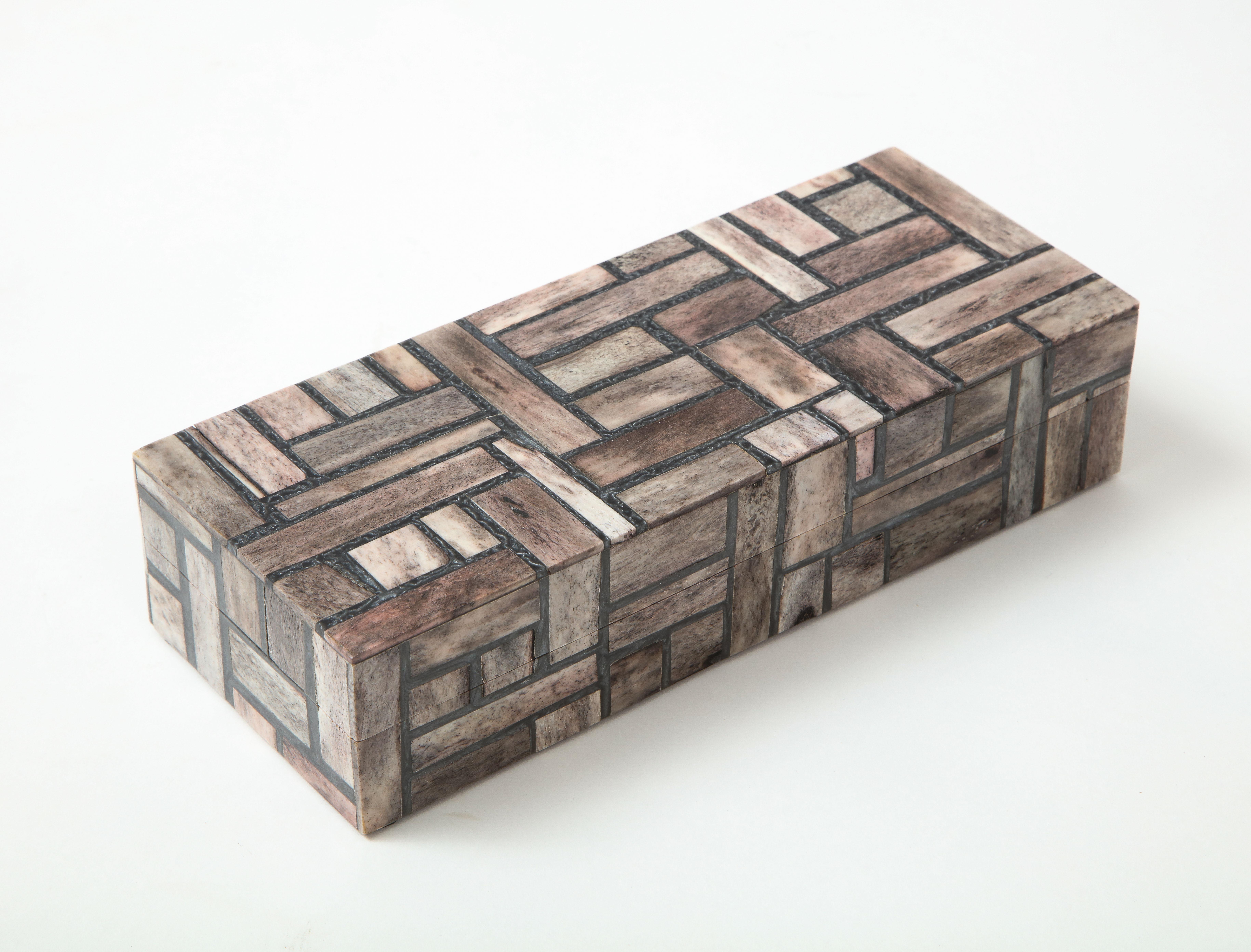 Hand crafted rectangular keepsake/desk box with hand cut dyed bone tiles.