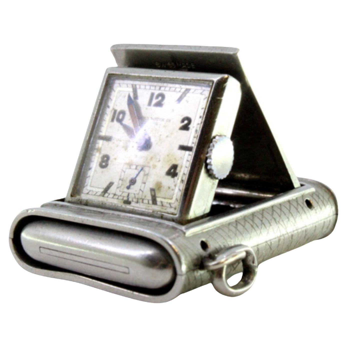 Rectangular hand-wound pocket/travel watch with a side-press opening lid For Sale