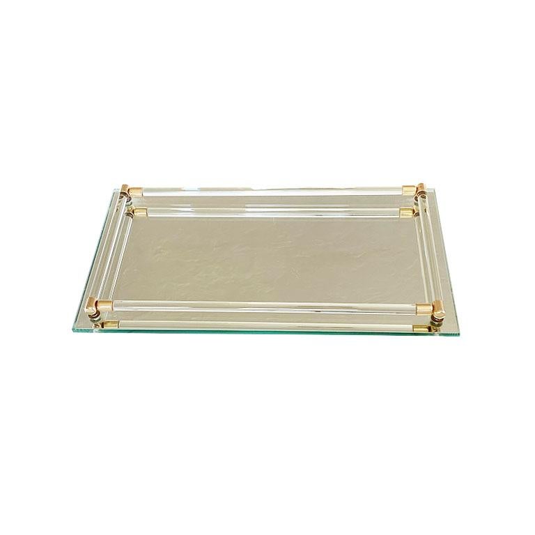Rectangular Hollywood Regency Mirrored Glass Display Tray with Brass Detail In Good Condition In Oklahoma City, OK
