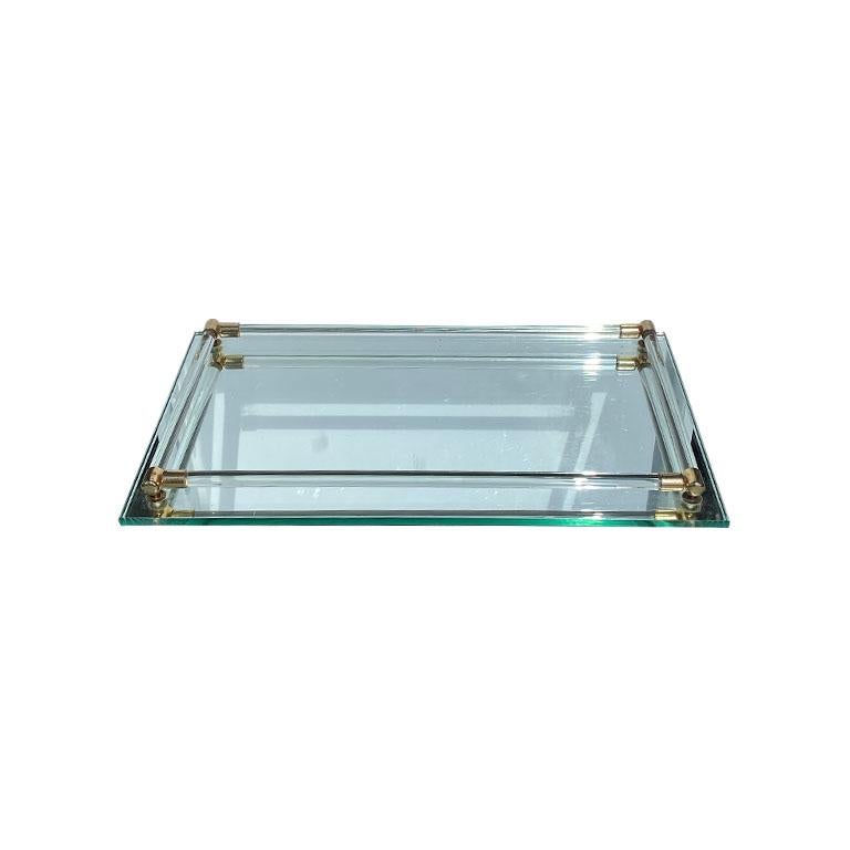Rectangular Hollywood Regency Mirrored Glass Display Tray with Brass Detail 1