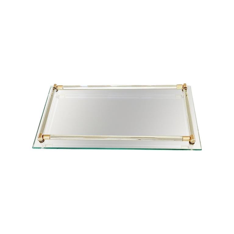 Rectangular Hollywood Regency Mirrored Glass Display Tray with Brass Detail