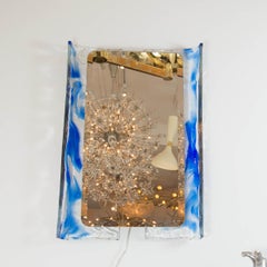 Miroir rectangulaire enluminé avec contour en verre de Murano transparent et bleu
