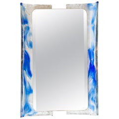 Miroir rectangulaire enluminé avec contour en verre de Murano transparent et bleu