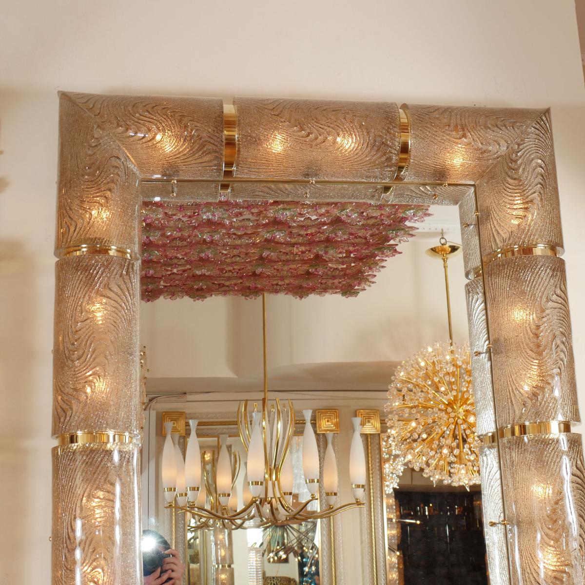 Mid-Century Modern Rectangular Illuminated Mirror with Textured Glass Surround For Sale