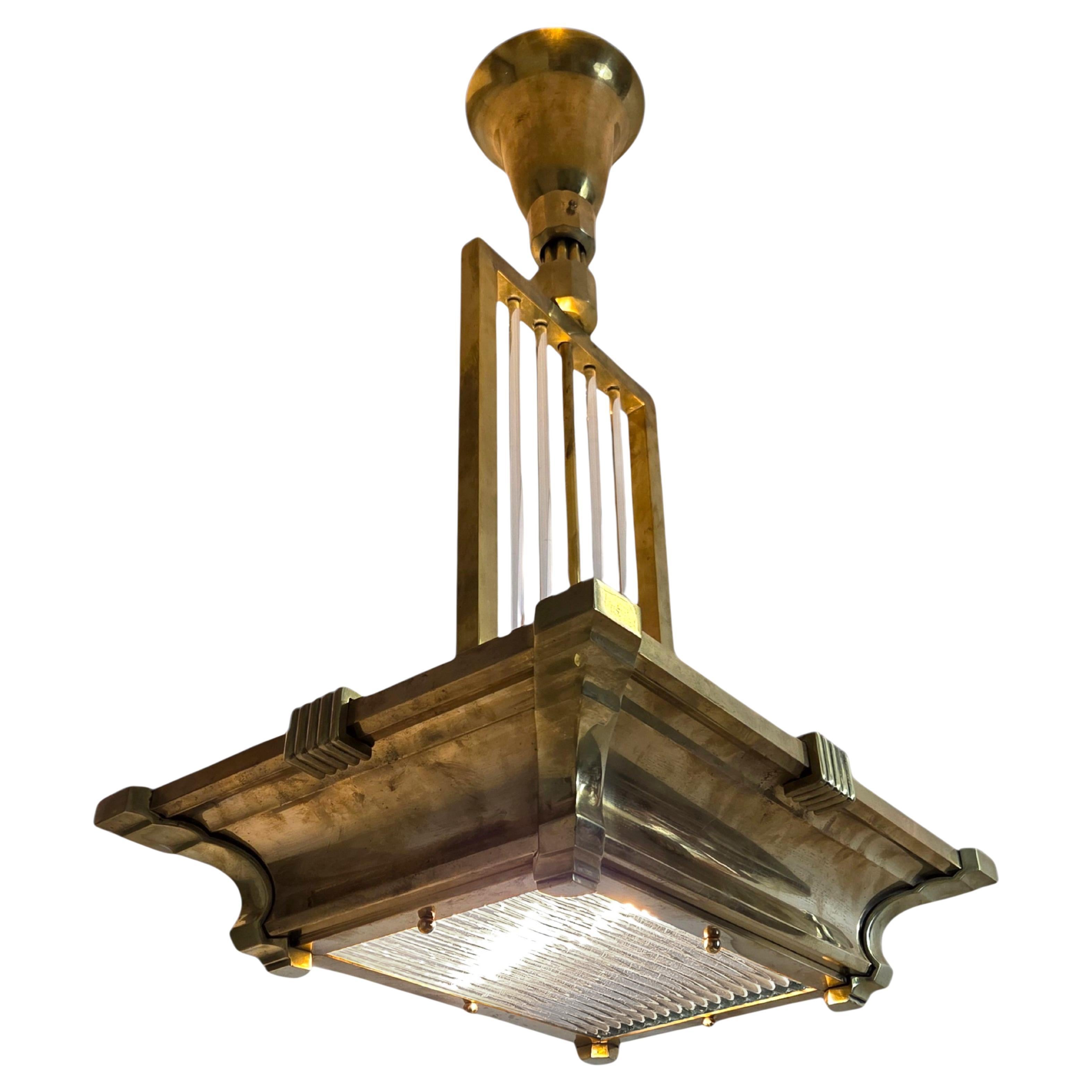 Rectangular Industrial brass + glass French vintage billiard style chandelier