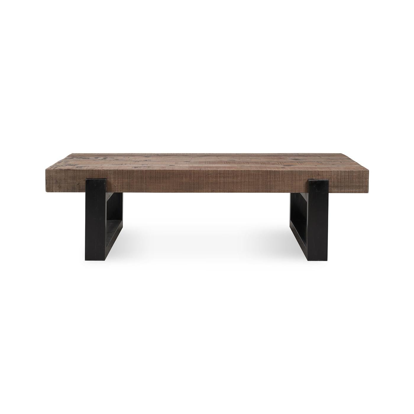 Cette pièce frappante combine harmonieusement l'esthétique industrielle brute et le design moderne, ce qui en fait une pièce maîtresse remarquable pour votre espace de vie. Le plateau en bois de teck présente une finition en brun toscan vieilli,