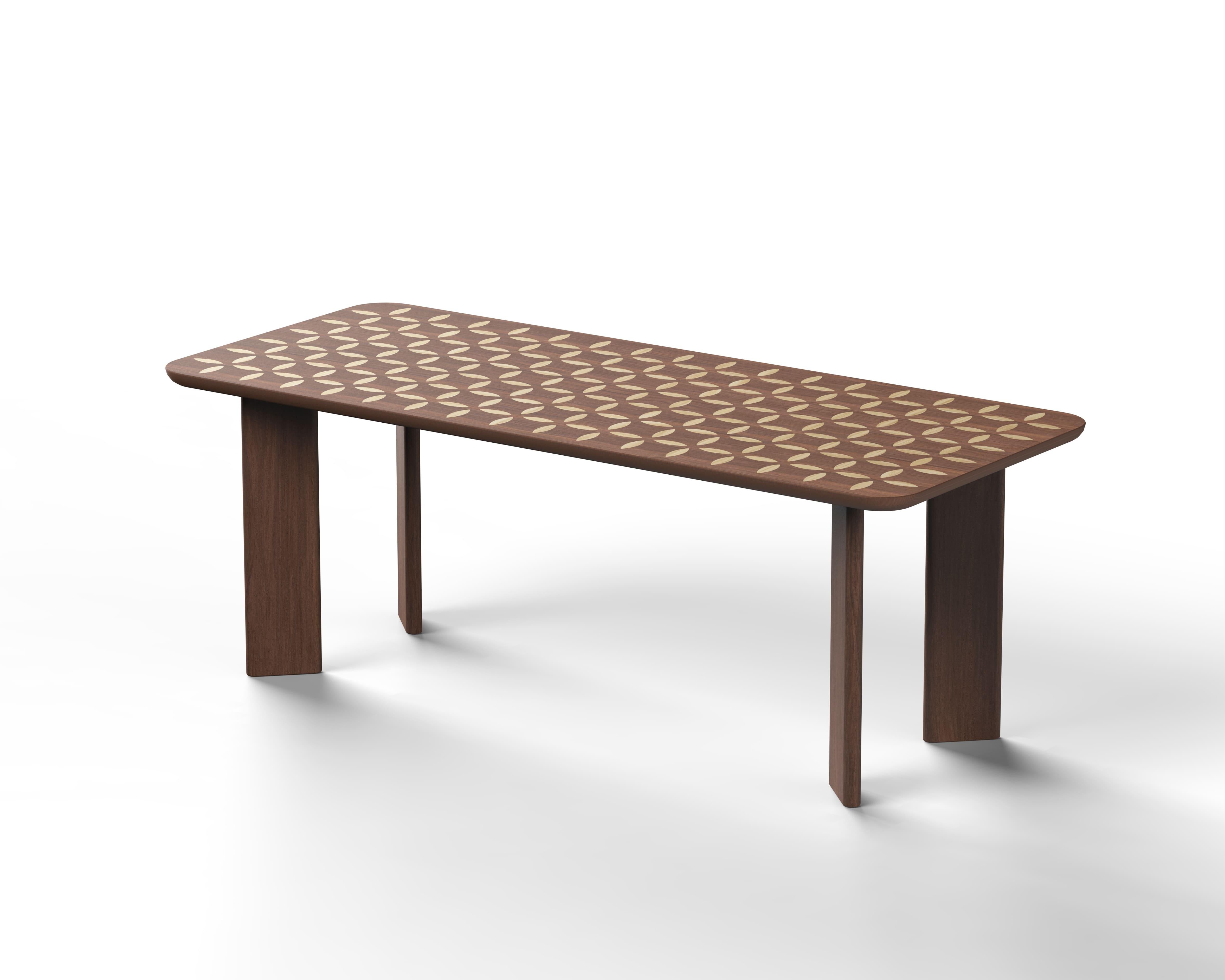 Table top made of 10/10 Canaletto walnut veneer surrounded by a perimeter band in solid Canaletto walnut. Table thickness 40 mm
Connection band in solid canaletto walnut 40x30 mm

Legs 71x18x4 cm in 10/10 Canaletto walnut veneer with edges in solid