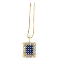 Rectangular Invisibly Set Sapphire Pendant Necklace with Diamonds, 18 Karat Gold