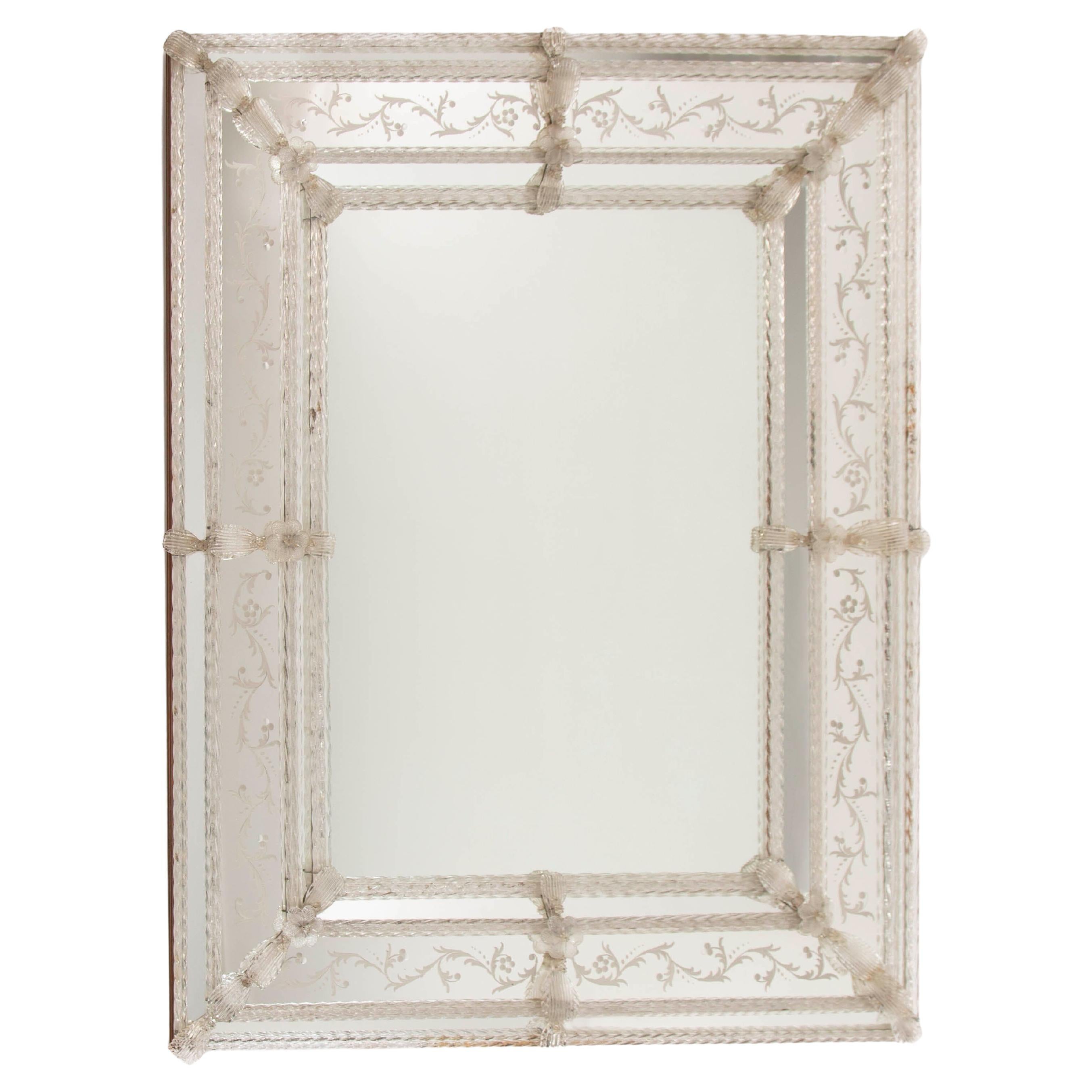 Rectangular Italian Mid-Century Murano glass Mirror with Floral Decoration 1950s